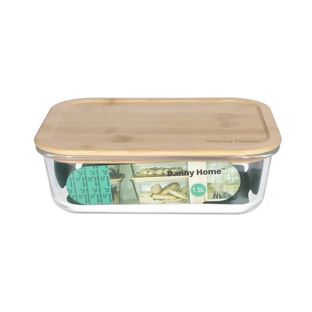 Deposito de vidrio rectangular con tapa de bambu 1500 ml