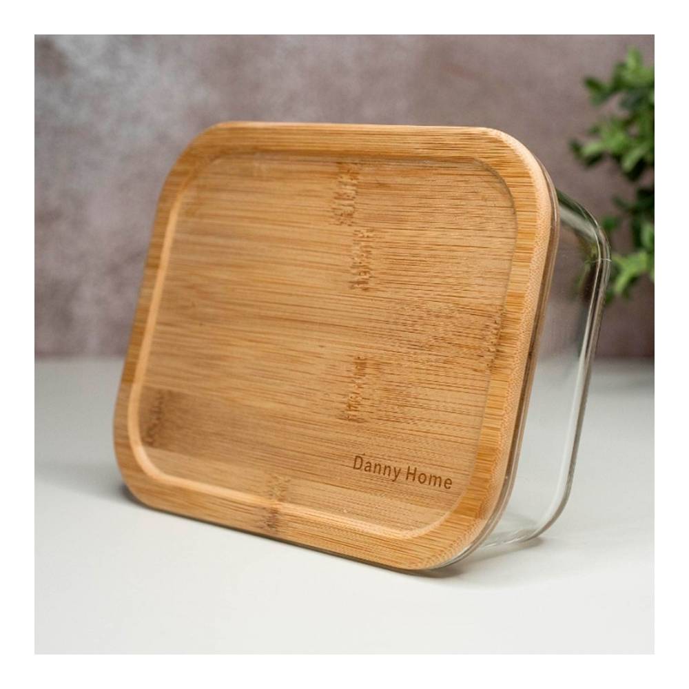 Deposito de vidrio rectangular con tapa de bambu 1000 ml
