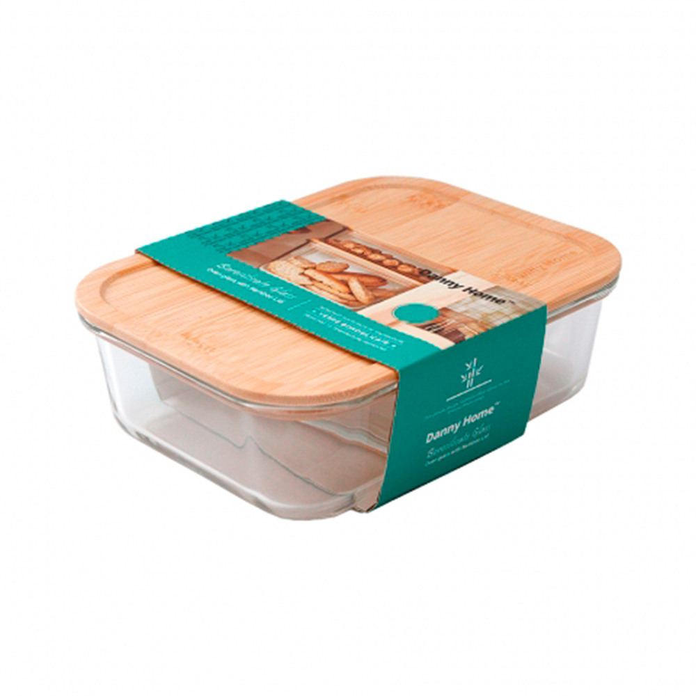 Deposito de vidrio rectangular con tapa de bambu 370 ml