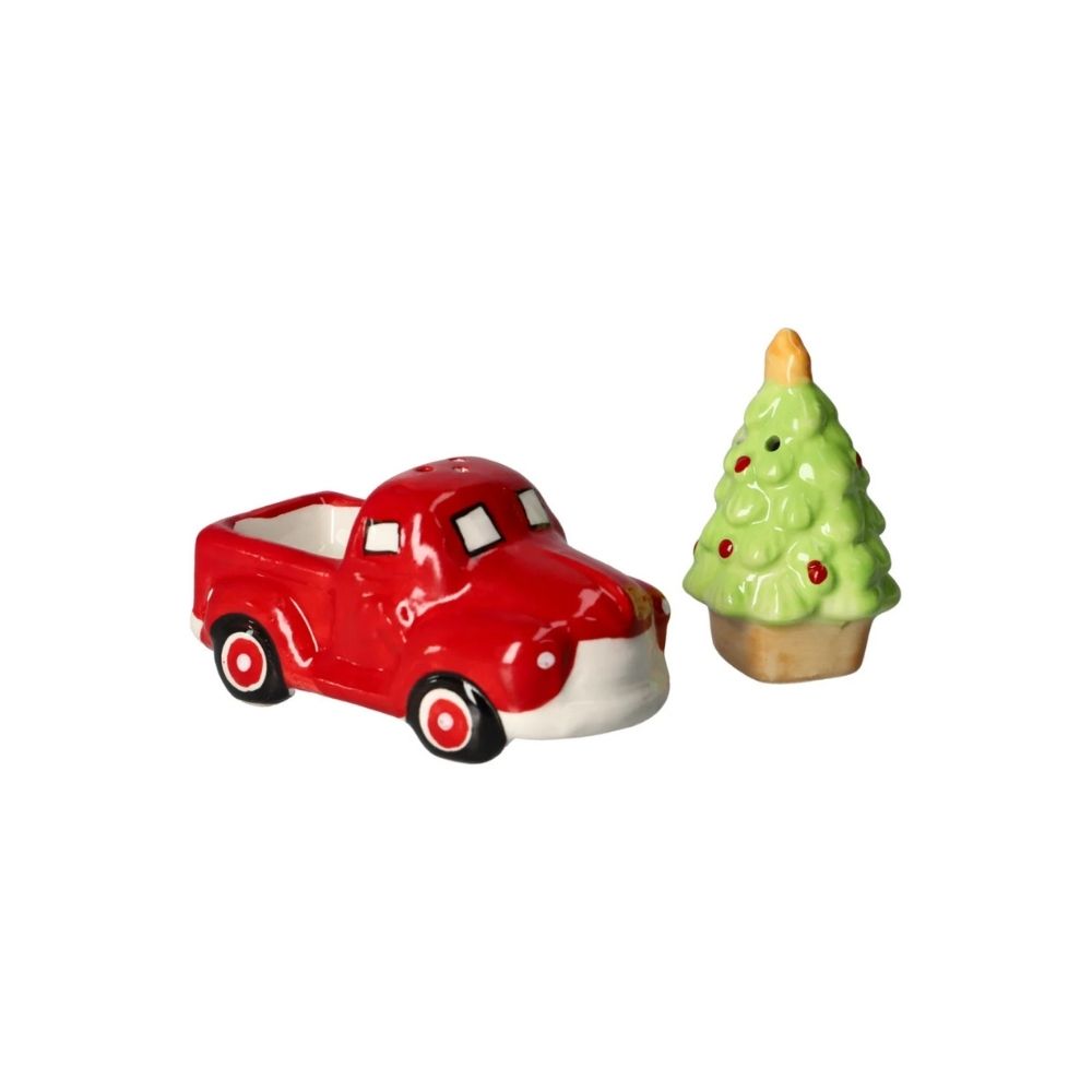 Salero y pimentero navideño de porcelana 10.5x5.5x10 cm carro y arbol