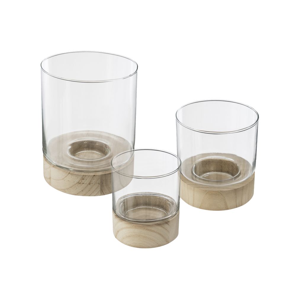 Portavela de cristal/madera 11/13.5/19.8 cm 3 piezas