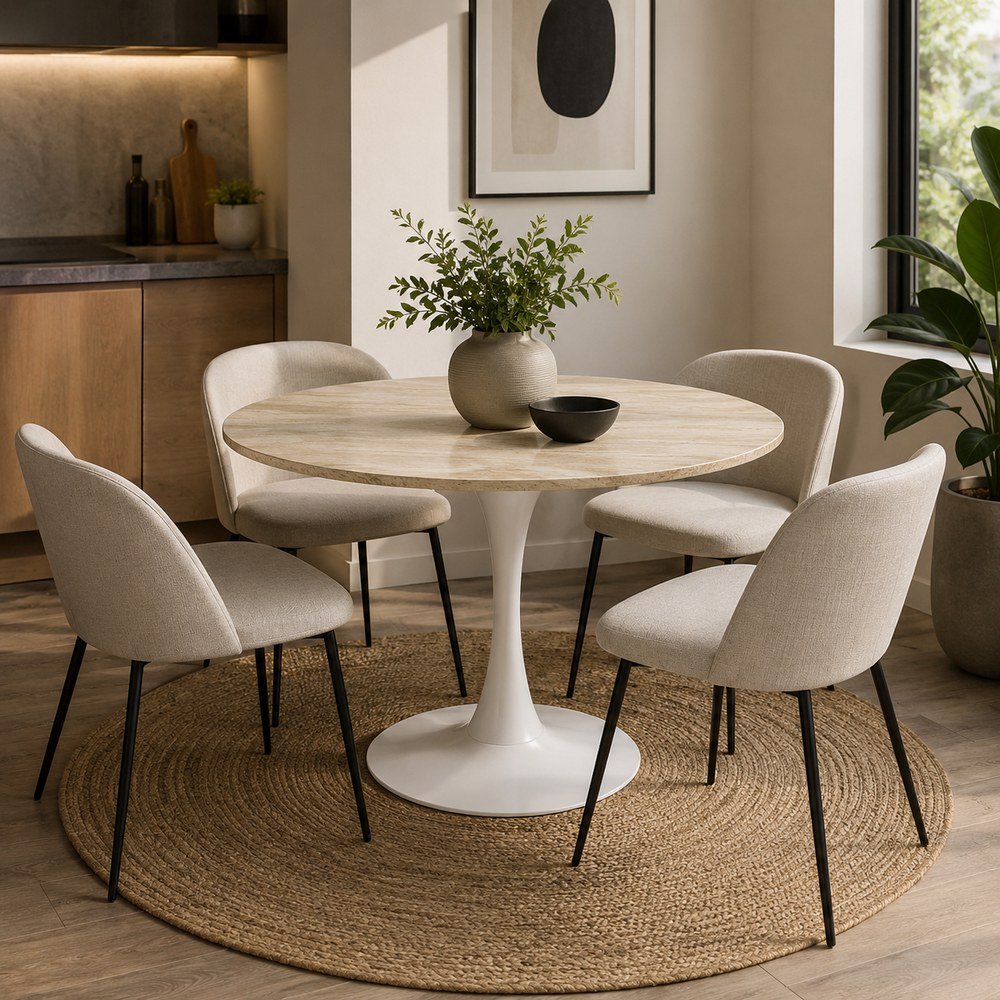 Mesa de comedor redonda de mdf/acero 102 x 76 cm blanco/beige