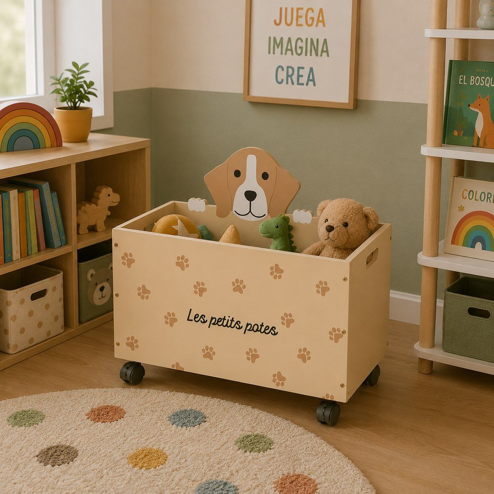 Baul organizador infantil con ruedas 48x28x42 cm perro beige