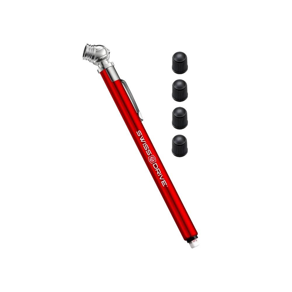 Manometro tipo lapiz + 4 tapones de valvula (rojo-plateado)