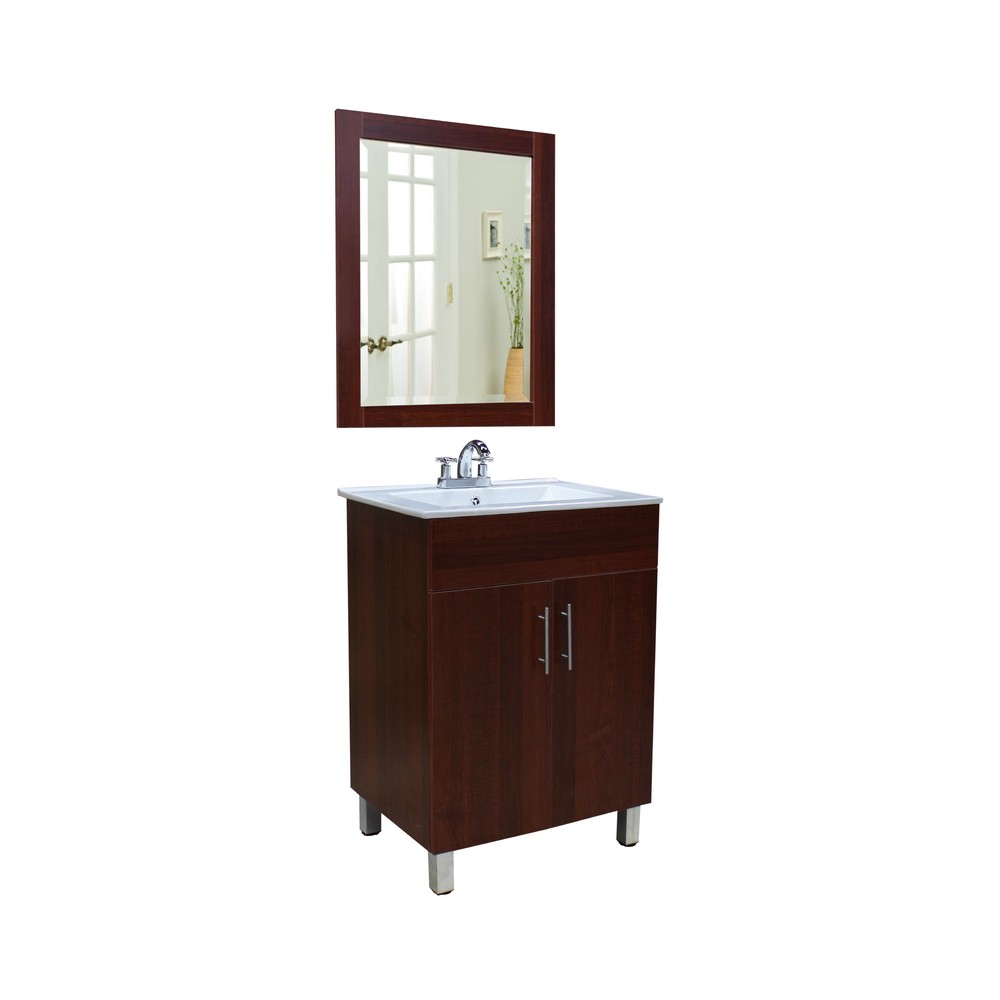 Gabinete con lavamanos y espejo color madera