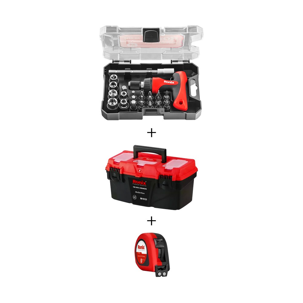 Kit - juego de destornillador con puntas y cubos + caja plastica + cinta metrica 5m