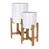 Maceta metálica blanca grande con base de madera