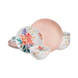 Vajilla de ceramica redondo flores rosado 12 pzas