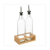 Aceitera y vinagrera de vidrio con soporte de bambu 3 pzas
