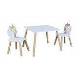 MESA INFANTIL CON SILLAS DE MADERA UNICORNIO BLANCA/BEIGE 3 PIEZAS